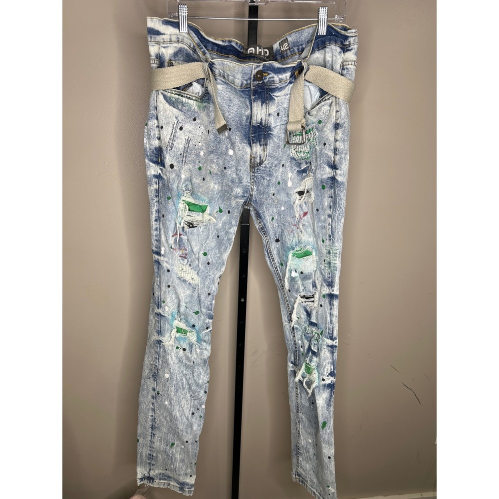 Another Hype Piece AHP Sz 42 Distressed Paint Splatter Skinny Jeans Light Wash